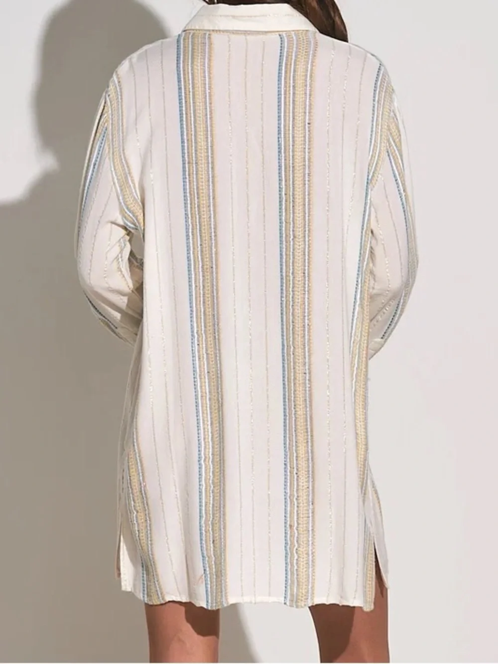 Elan White Stripe Button-Down Beach Cover Up with Aqua and Tan Accents